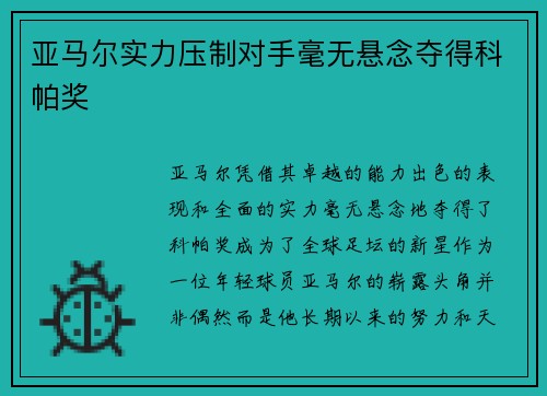 亚马尔实力压制对手毫无悬念夺得科帕奖 亚马尔实力压制对手毫无悬念夺得科帕奖