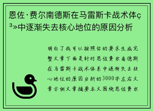 恩佐·费尔南德斯在马雷斯卡战术体系中逐渐失去核心地位的原因分析 恩佐·费尔南德斯在马雷斯卡战术体系中逐渐失去核心地位的原因分析